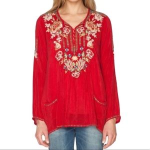 Johnny Was Carnation Red Embroidered Tunic Top Pockets